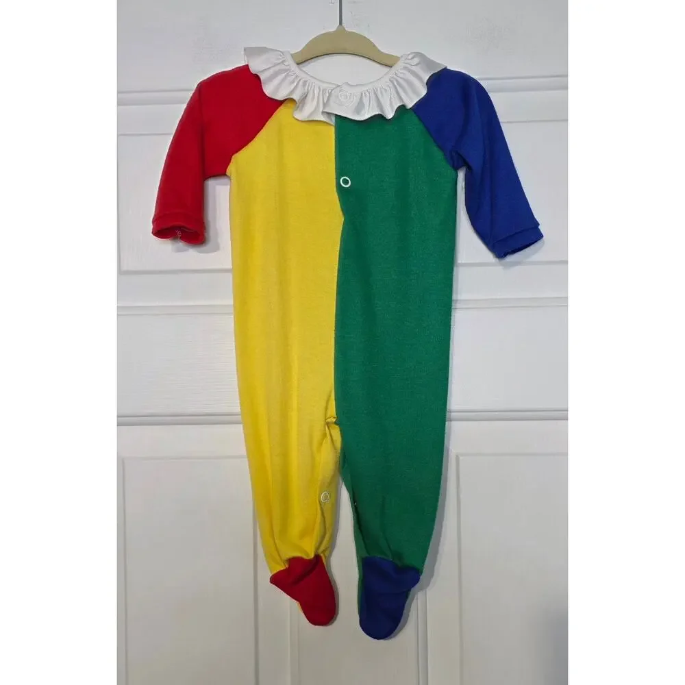 Vtg Clown Color Block Pom Pom Romper Footed PJs Kessler No Size See Measurements